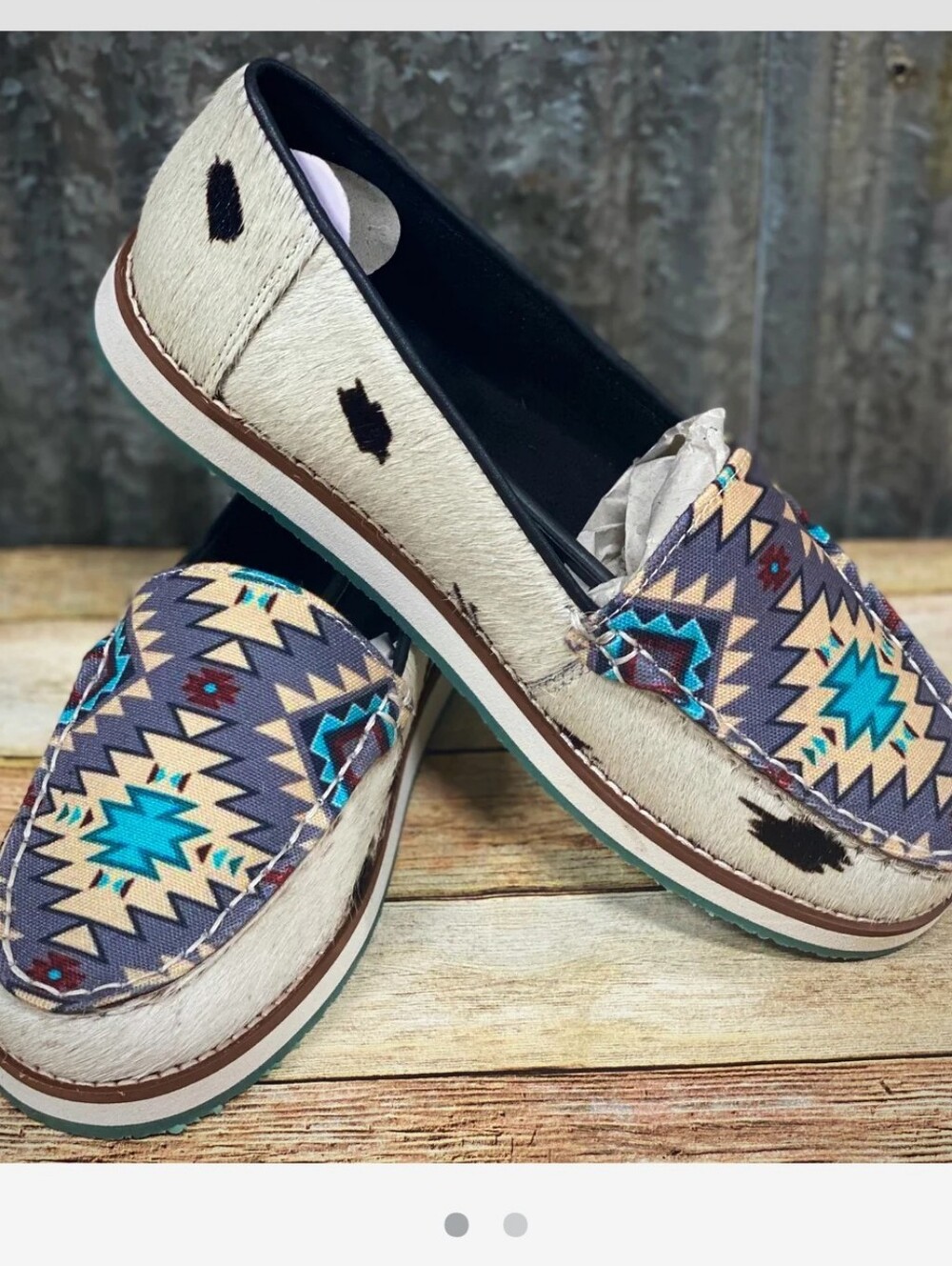 Myra Bag Gray Verdana Cowhide Moccasin Loafers with Turquoise Aztec Print Sz 7
